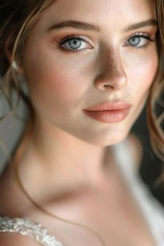 a woman with blue eyes is posing for the camera