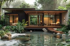 a house in the middle of some water surrounded by trees and rocks with a waterfall