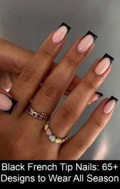 Love dark French tips? Here are 45 classic black French tip nails that will instantly elevate your basic manicure. #frenchtipnailideas Simple Black Tip Nails, Black Shirt French Tip, Short Square Black French Tip Nails, Medium Black French Tip Nails, Black Nail French Tip, Black French Short Nails, Black French Tip With Chrome, Manicure Black Tips