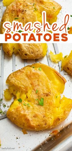 baked potatoes on a baking rack with the words smashed potatoes above them and below it