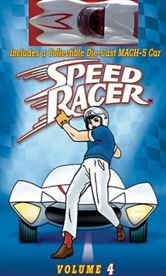 an advertisement for speed racer featuring a baseball player on a white car with the words speed racer