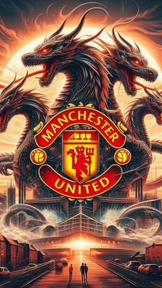 the manchester united logo with two people standing in front of it and an image of a dragon