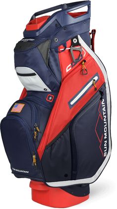 the back side of a blue and red golf bag with an american flag on it