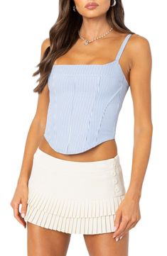 Crisp stripes adorn this structured, corset-inspired top made with adjustable straps and a sultry lace-up back. Lace-up back Scoop neck Adjustable straps 100% polyester Machine wash, dry flat Imported Light Blue Corset Top, Blue And White Tops, Blue Corset Top, Fit Inspo, Skirted Swimwear, Corset Top, Hoodie Dress