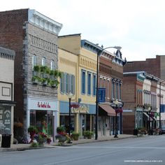 a row of buildings on the side of a street with flowers growing out of them