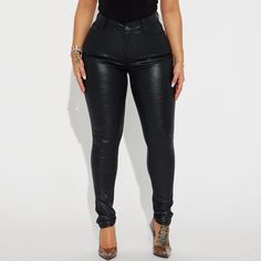 Size: Medium (Us 7/9) High Rise Full Stretch Pu Coated Fabric Front Closure 5 Pockets Skinny Leg 29 Inseam 70% Rayon 25% Nylon 5% Spandex Trendy Shiny Leather Pants For Night Out, Shiny Stretch Bottoms For Fall, Trendy Metallic Leggings For Night Out, Shiny Fitted Pants For Fall, Trendy Shiny Leggings For Night Out, Fall Shiny Stretch Bottoms, Fitted Shiny Pants For Fall, Fitted Shiny Metallic Leather Pants, Black Shiny Bottoms For Fall