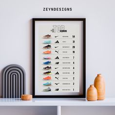 a framed poster with different types of fishing lures on it next to two vases