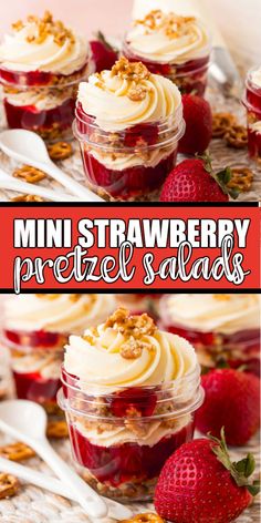 mini strawberry pretzel salads with whipped cream and strawberries