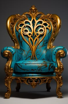 an ornate blue chair with gold trimmings on the arm and back, against a gray background