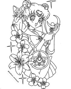 sailor girl with flowers and cats on her shoulder coloring page for kids to print out