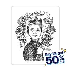 a drawing of a woman with roses on her head and the words buy 10 get 50 % off