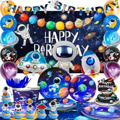 a space themed birthday party with balloons and decorations