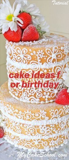 a three layer cake with strawberries and daisies on the top is decorated with white lace