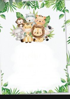 a card with animals and leaves on the bottom, in front of a white background