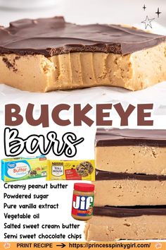 a close up of a piece of cake on a plate with text that reads buckeye bars