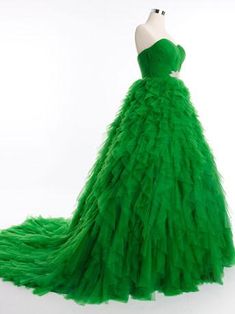 Green Strapless Ball Gown Tulle Ball Gown with Ruffle Skirt | RS3012 Tool Skirt, Strapless Ball Gown, Tulle Balls, Tulle Ball Gown, Custom Size Dresses, The Train, Ruffle Skirt, Dress Backs