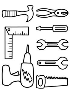 tools are shown in black and white on a white background, including wrenches, screwdrive