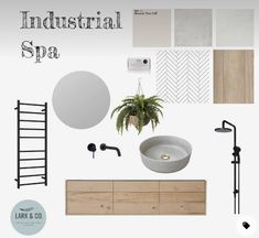 an industrial spa with wood accents and white fixtures, including a sink, towel rack, mirror