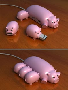 two pictures of pig shaped usb devices on a table