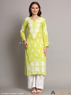 Green Sanaya Modal Chikankari Straight Kurti Green Chikankari Kurta