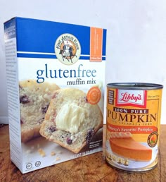 a can of gluten free muffin mix next to an open can of pumpkin butter