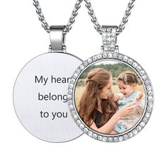 PRICES MAY VARY. Full Tennis CZ Necklace: Luxury AAA+ cubic zirconia inlaid all around the pendant. Big Round Photo Necklace - you can have any image/photo printed on the front side, back side can engrave with sweet text. Material - stainless steel made, Waterproof, Weatherproof, Non-Tarnish, Anti-allergic,lead free and nickel free. Size- pendant 1.77"(45mm),thickness 3.2mm; you can chain length on custom page to fit your neck size.(we have chain length 18" 20" 22" 24" 26",28",30") Come with U7 Rhinestone Pendant Necklace With Diamond Accents As Gift, Diamond White Rhinestone Necklace As Gift, Diamond White Rhinestone Necklace Gift, Gift Jewelry With Diamond Accents In Stainless Steel, Stainless Steel Jewelry With Diamond Accents As Gift, Personalized White Gold Crystal Necklace, Gift Stainless Steel Jewelry With Diamond Accents, Round Necklaces For Anniversary, Personalized Diamond Necklace With Round Pendant