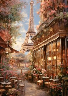 a painting of the eiffel tower in paris with tables and chairs outside it