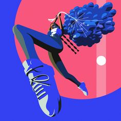 an illustration of a cheerleader in mid air with her pom - poms