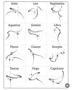 zodiac signs and their names in black ink on white paper, with an arrow pointing to the