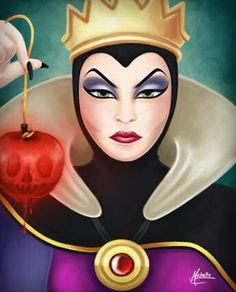 the evil queen is holding an apple in her hand