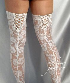 White Lace Stockings, Kilt Socks, Checkered Socks, Garters And Stockings, Lace Stockings, Trendy Wedding Dresses, Stockings Lingerie, White Lace Top, Thigh High Socks