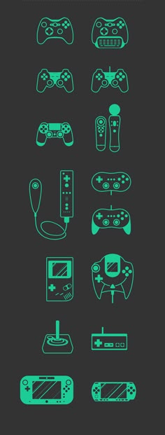 an image of the different types of video game controllers in blue and green on a black background