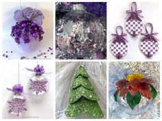 four different christmas ornaments are shown in purple, green and white colors with bows on them