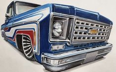 a drawing of a blue truck with red, white and blue stripes on the front