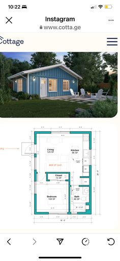 a blue house with the floor plan on it and an instagramm page below