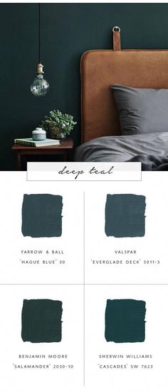 the bedroom is painted in dark green, and it has different shades to choose from