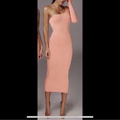 Hi! This Is A Super Cute Peach Midi One Arm Dress From Jluxlabel. Size Medium. Nwt! Never Worn! Perfect For Spring And Summer! Wedding Season! I Got This Dress A Year Or So Ago (In Two Colors) And Just Never Got Around To Wearing Them And Now It Doesn’t Quite Fit! Super Super Cute!! Form Fitting And Double Layered. Perfect For A Classy Date Night Or Night Out With Your Girls Or Even Wedding Szn! Original Price Estimate $90 All Purchases Are Final And Are “As Is Sales.” I Do Not Accept Returns, S Elegant Stretch Orange Dress, Elegant Orange Stretch Dress, Elegant Orange Stretch Midi Dress, Cheap Stretch One-shoulder Midi Dress, Elegant Apricot Midi Dress, Chic Apricot Midi Length Dress, Fitted Apricot Maxi Dress For Brunch, Chic Apricot Midi Dress, Stretch Orange Midi Dress For Night Out