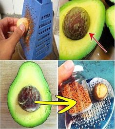 four pictures showing how to cut an avocado in half