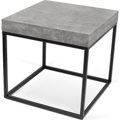 a concrete side table with black metal frame and square top, on a white background