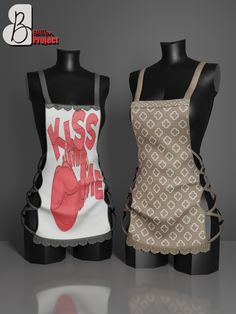 two mannequins wearing aprons that say kiss me