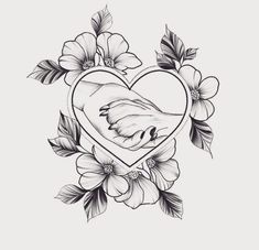 a drawing of a heart with flowers and a bird in it's center, surrounded by leaves