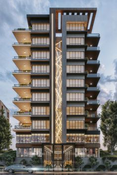 an artist's rendering of the exterior of a modern apartment building at dusk with cars parked in front