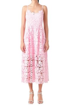 Floral lace embroidery beautifully covers the fit-and-flare silhouette of a sleeveless midi dress with scalloped trim and hidden pockets at the sides. 100% polyester Hand wash, dry flat Imported