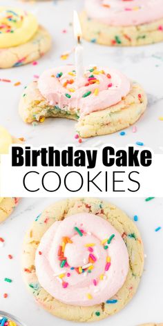 birthday cake cookies with pink frosting and sprinkles