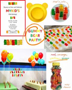 a collage of pictures including gummy bear party items