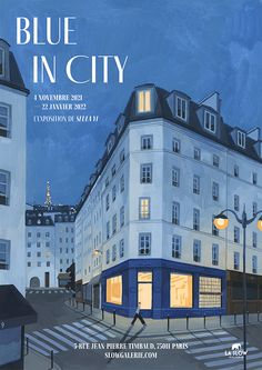 the cover of blue in city magazine, featuring an image of a man walking across a street