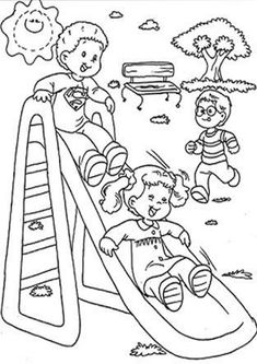 two children playing on a slide in the park coloring pages for kids, with black and white