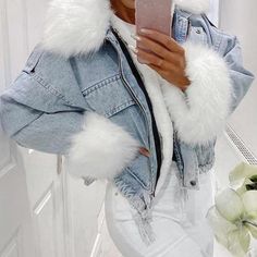 Women Denim Loose Jacket | Fashionsarah.com Cropped Fur Jacket, Fur Jean Jacket, Casual Winter Coat, Fur Coat Fashion, Light Wash Denim Jacket, Denim Jacket With Fur, Casual Denim Jacket, Denim Jacket Winter, Moda Denim