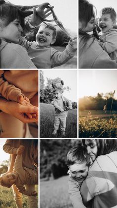 black and white photos of children playing in the grass with their mother holding her hand