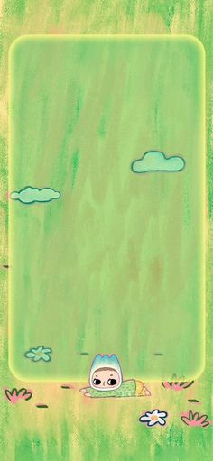 a drawing of a person laying on the ground in front of a green square with clouds